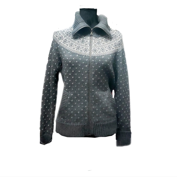 Talbots Womens Petite Wool Blend Gray Fair Isle Full Zip Cardigan Sweater Sz MP - Picture 2 of 7